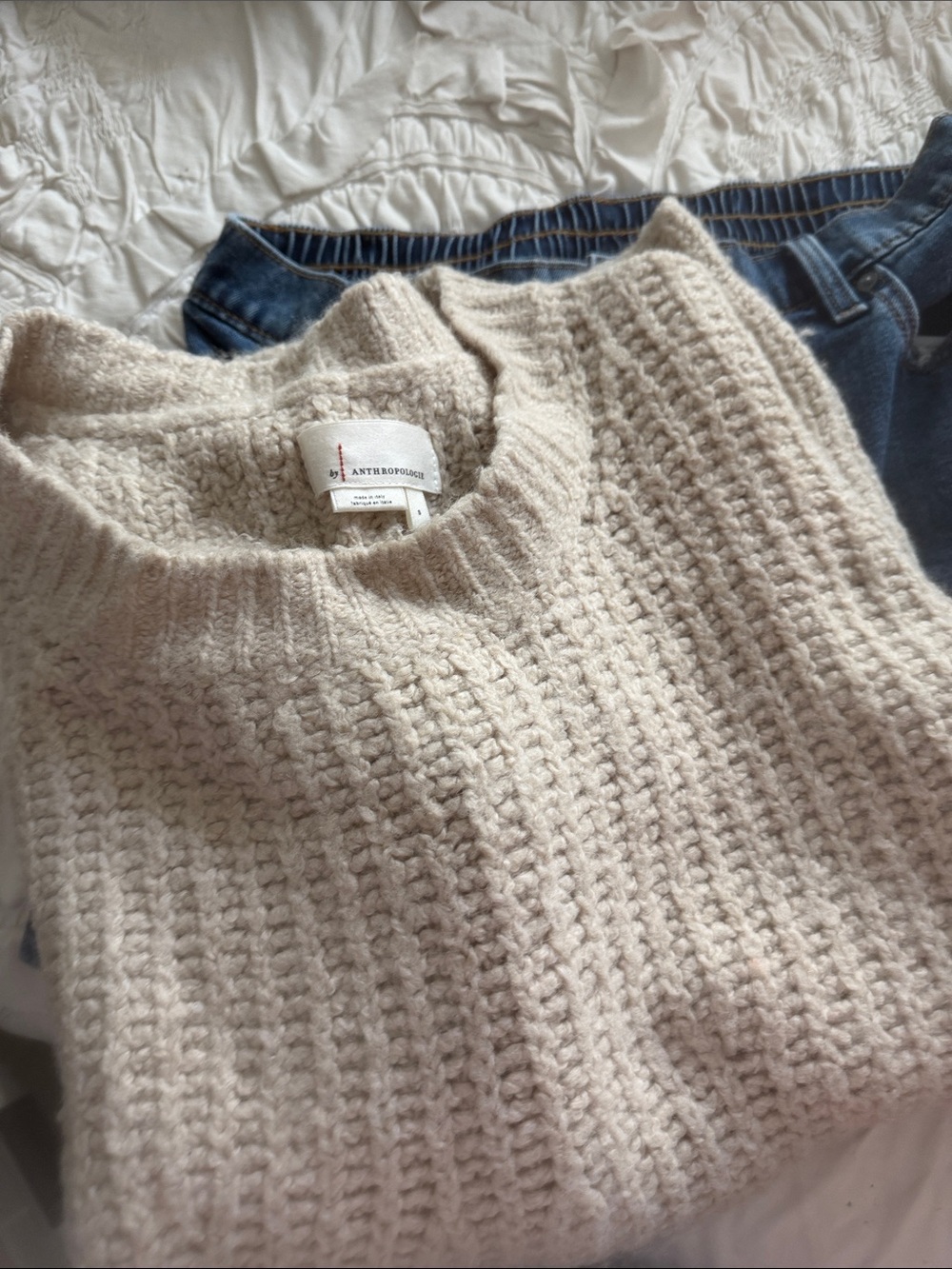 Anthropologie Oatmeal Ribbed Crewneck Sweater
